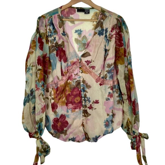 VTG Y2K New in Bag Sage Green Floral Chiffon Blouse with Peasant sleeve Sz: 20W - Picture 1 of 14